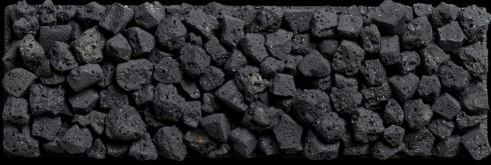 Aufkleber - Various sizes of black volcanic rocks are arranged closely together on a dark surface, showcasing their unique textures and shapes