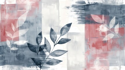 Leinwandbilder - A contemporary abstract piece showcasing stylized leaves against a textured background of muted red and blue colors