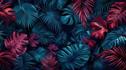 Aufkleber - A dense arrangement of tropical leaves showcases vivid hues of green, blue, and red against a dark backdrop, creating a striking natural tapestry