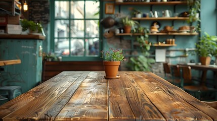 Wall Mural - Vintage Wooden Table in Cozy Caf Corner Ideal for Displaying Handmade Pastries