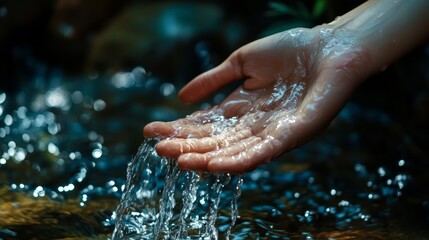 Closeup water flow on hand of women for nature concept on the green background.