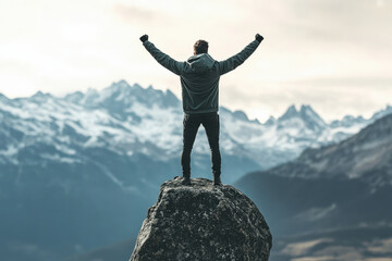 man top of the world, climbing high mountains, celebration, being successful, achieving a goal conce