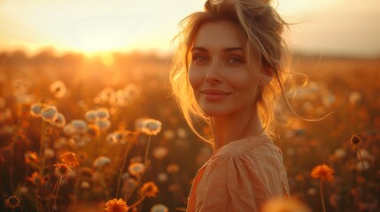 Wall Mural - Beautiful Young Woman Enjoying a Golden Sunset in a Flower Field During Early Evening