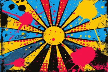 Aufkleber - A lively composition showcases a sunburst design in yellow, red, and blue with splatters of paint creating a visual explosion of color and energy
