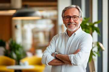 Confident, smiling mature man in glasses and a casual shirt stands with arms crossed in a bright, modern office space.
