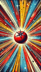 Aufkleber - A vibrant red tomato bursts with energy, radiating colorful lines and dots in all directions, creating a captivating explosion of color and motion