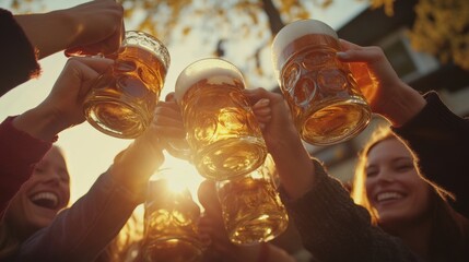 Wall Mural - Oktoberfest festival toasting with beers. diverse friends cheering with beer steins view from below at biergarten at sunset