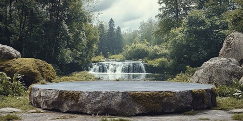 Canvas Print - Stone Platform in a Lush Forest Setting with a Waterfall