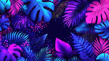 Leinwandbilder - Colorful tropical leaves showcase shades of blue and purple, creating a striking pattern against a deep, dark backdrop