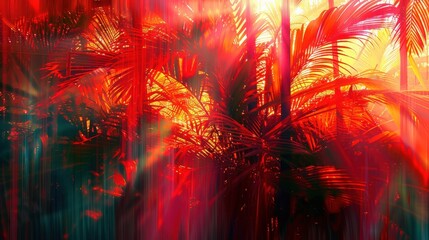 Poster - A breathtaking view of a tropical jungle at sunset, showcasing rich colors and the dense greenery of palm plants illuminated by golden light