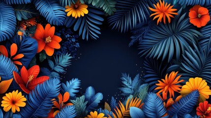 Wall Mural - A colorful arrangement of tropical flowers and leaves frames a central dark space, ideal for creative projects and artistic presentations