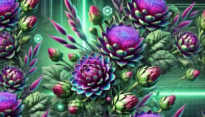 Leinwandbilder - Colorful flowers with vibrant petals and unique shapes flourish against a green, high-tech backdrop, creating a striking visual contrast