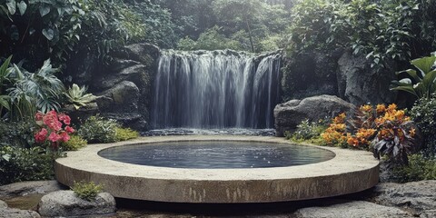 Sticker - Tranquil Waterfall and Circular Pond in Lush Tropical Garden