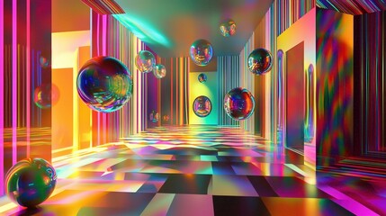 Poster - A vibrant interior space features floating colorful spheres and striking geometric patterns reflecting a mesmerizing play of light