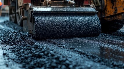 A construction crew operates an asphalt roller, compacting freshly laid asphalt on a city street under dim lights during nighttime