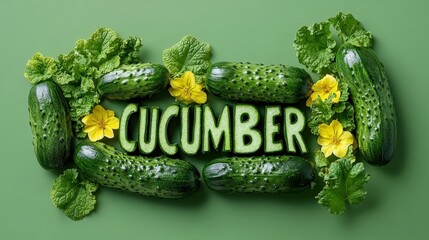 Wall Mural - A vibrant arrangement of fresh cucumbers and green leaves, accented with bright yellow flowers, showcasing the freshness of vegetables