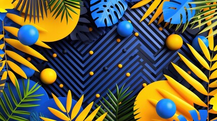 Leinwandbilder - Tropical foliage and geometric shapes create a lively composition with contrasting colors and textures