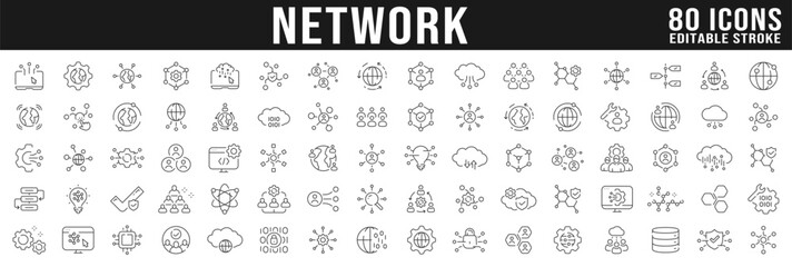 big set of network related line icons. connection, internet, communication, teamwork, access etc. ed