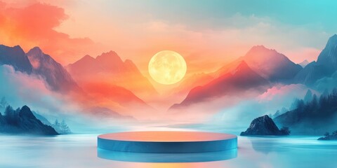 Sticker - A Circular Platform Over a Misty Lake with Mountains and a Full Moon