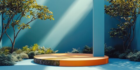 Poster - Circular Platform with Natural Elements and Teal Wall