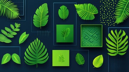 Aufkleber - Various types of vibrant green leaves are artistically arranged against a dark backdrop, showcasing unique shapes and textures