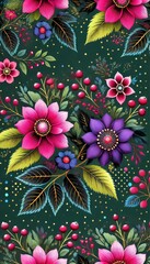 Sticker - Colorful flowers with intricate details and green leaves create a lively textile design, showcasing bright pink and purple blooms