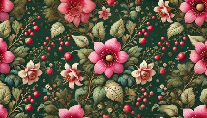 Poster - A vibrant design showcasing pink flowers and green leaves arranged harmoniously on a dark backdrop, creating an elegant floral pattern