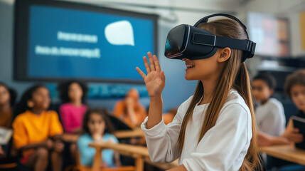 Diverse cute elementary student using visual reality goggles while learning about metaverse. Group of multicultural children playing game while connect simulated world by wearing VR glasses.