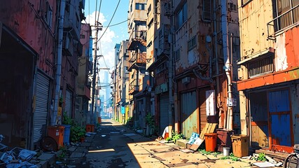 Poster - dystopian slums povertystricken gritty areas of a dyst flat anime