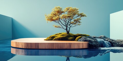 Poster - Minimalist Zen Garden with a Wooden Platform and Waterfall