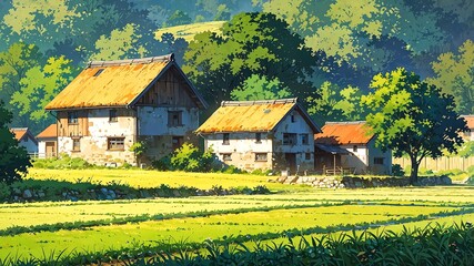 Wall Mural - rural countryside picturesque fields and traditional h flat anime