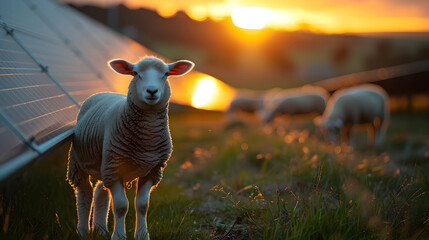 Canvas Print - Sheep in a Field at Sunset with Solar Panels in the Background - Realistic Image