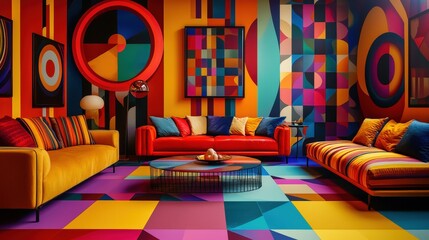 Poster - A stylish living room features colorful sofas, geometric artwork, and a striking patterned floor, creating a lively atmosphere for relaxation and socializing