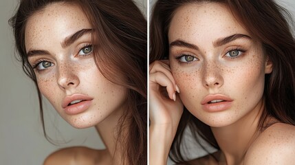 Poster - A freckled model poses with a soft expression, highlighting her natural beauty in bright indoor lighting