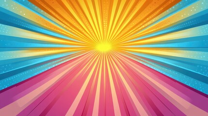 Poster - A radiant burst of colors spreads outward, featuring vibrant yellow and blue rays against a pink background, creating an energetic and uplifting atmosphere