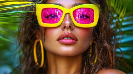 Poster - A young woman poses with vibrant sunglasses amidst tropical foliage, showcasing her beauty and the vivid colors of her accessories in sunny weather