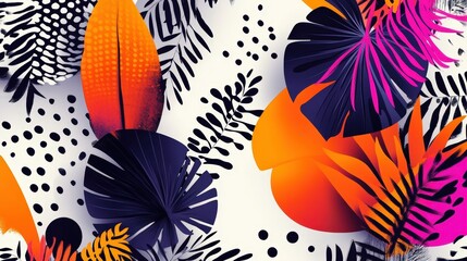 Leinwandbilder - A colorful tropical pattern showcases bold leaves and shapes in hues of orange, pink, and dark blue, creating a lively decorative effect