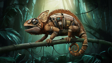 Wall Mural - close-up illustration of a steampunk-inspired mechanical chameleon in the jungle