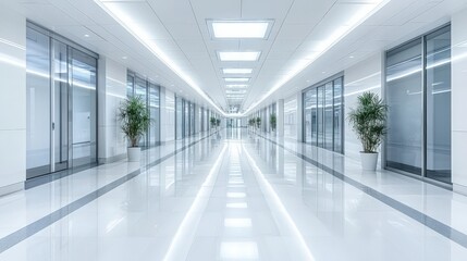 Aufkleber - A long hallway features bright lighting, glass doors, and potted plants, creating an open and inviting atmosphere in a corporate setting