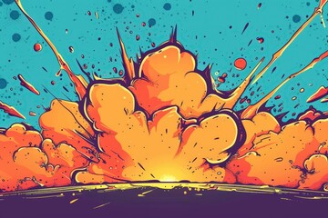 Poster - A vibrant explosion erupts against a blue background, creating dynamic clouds of orange and yellow smoke, showcasing a stylized and energetic visual impact