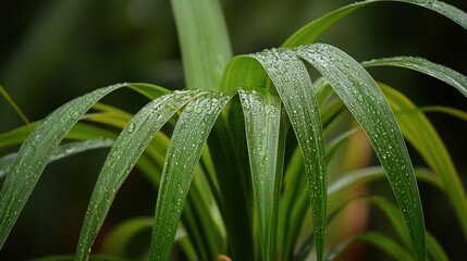 Canvas Print - Raindrops collect on vibrant green leaves, reflecting light in a lush forest setting, conveying a sense of freshness and nature's beauty