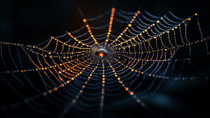 A spider web in dew drops on a black background.
