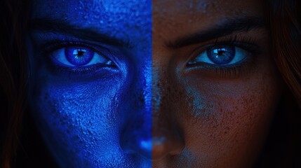 Sticker - A woman’s face features captivating eyes, half illuminated in blue and half in natural tones, creating a dramatic and artistic visual effect