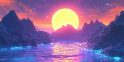 Sticker - A Large, Yellow Sun Rises Over a Mountain Range and Glowing Ocean