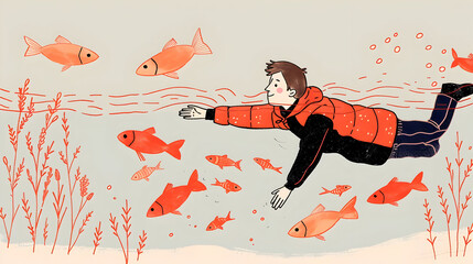 Poster - Man Swimming with Fish Illustration