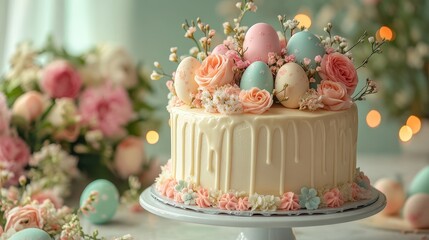 Sticker - A beautifully designed Easter cake with pastel colors, topped with flowers and decorative eggs, set amid a backdrop of floral arrangements