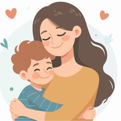 Wall Mural - mother holds her son with care and love. Happy Mothers Day concept with mom and small boy. Vector illustration