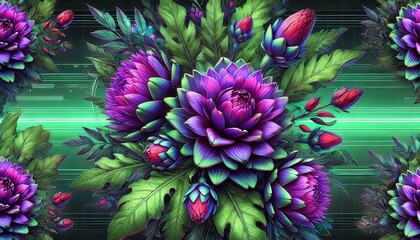 Leinwandbilder - A vibrant arrangement of large purple and pink flowers surrounded by lush green leaves, set against a striking abstract background