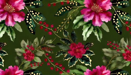 Poster - Bright pink flowers with green leaves create a lively floral pattern on a dark green backdrop, showcasing nature's beauty and artistry