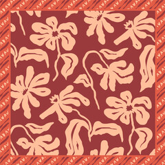 Sticker - Monochrome peach and red color brush strokes inky flowers scarf or bandana design. Abstract floral contemporary background.